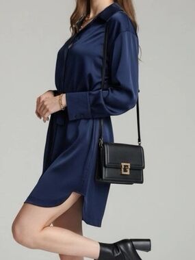 House of Harlow 1960 Navy Satin Shirt Dress SIze M Minimalist